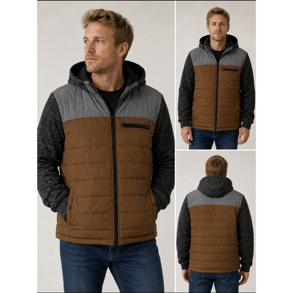 DISTORTION Men's Comfort & Style Colorblock Puffer Hoodie Winter Jacket Size XL - Picture 1 of 11